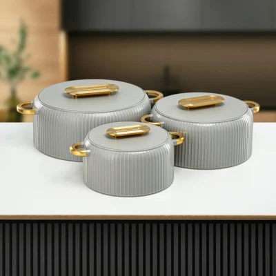 Hot Pot Plastic, Set of 3 Pieces, Soft Grey & Gold, 2000ML + 4000ML + 6500ML